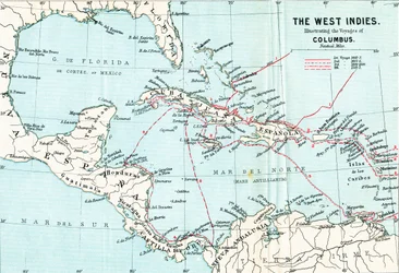 Map of the West Indies illustrating the voyages of Christopher Columbus, from Life of Christopher Columbus by Clements R. Markham, published 1892